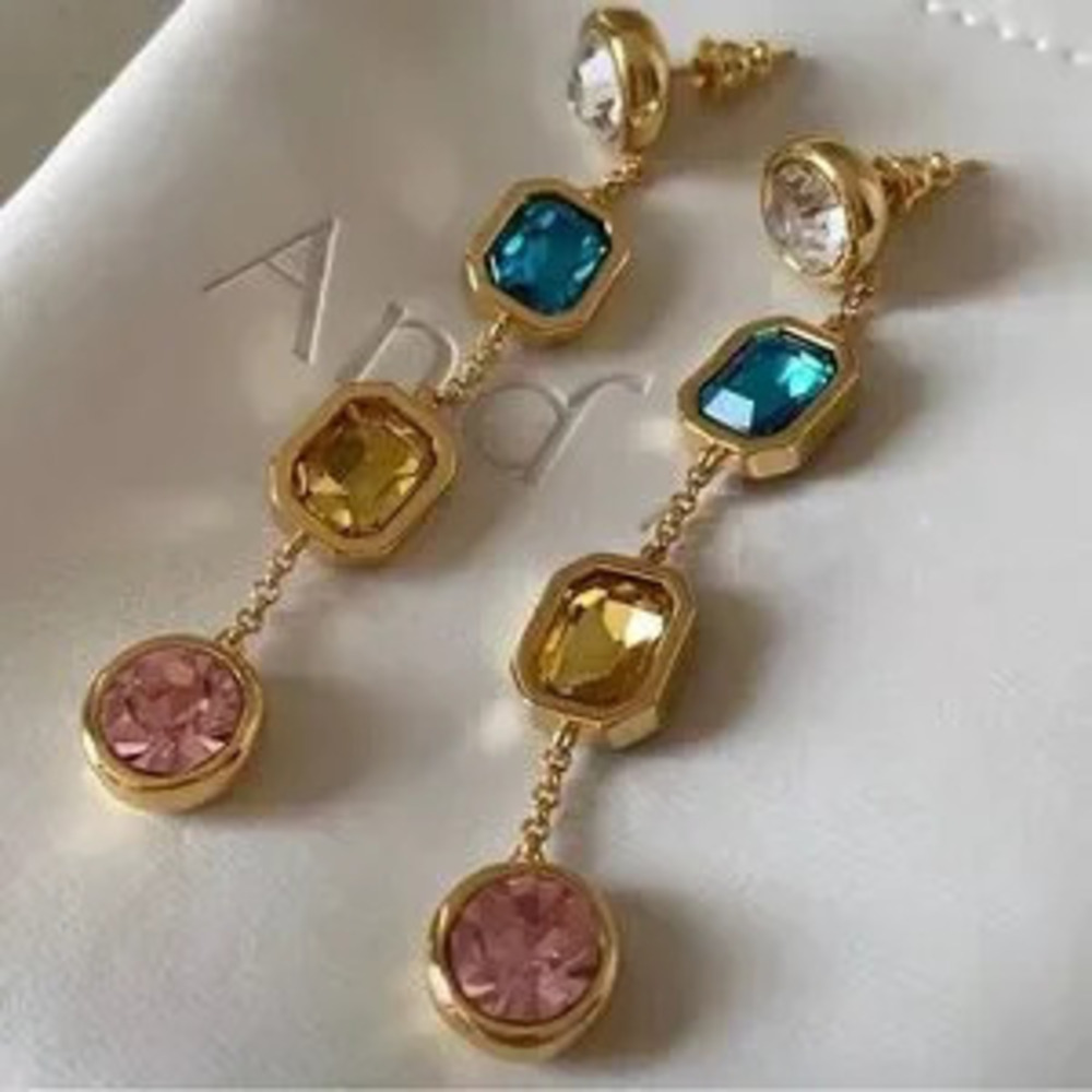 Retro Multicolored Crystal Long Dangle Earring - Picture 2 of 5
